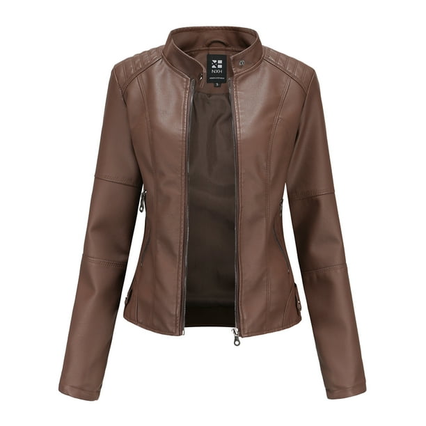 Women Faux Leather Biker Jacket Ladies Zip Stand Collar Coat Outwear Size 10-20